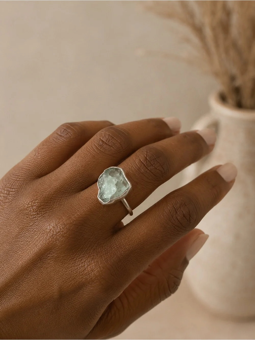 Natural Premium Rough Cut Aquamarine Handmade Ring Size 7.5